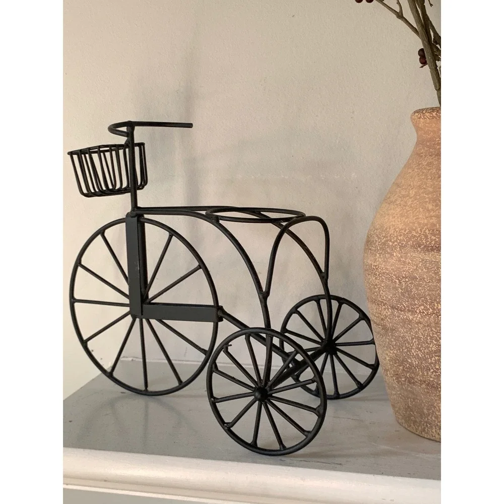 Vintage Black Metal Tricycle‎ Plant Stand Decorative Bicycle Planter Basket